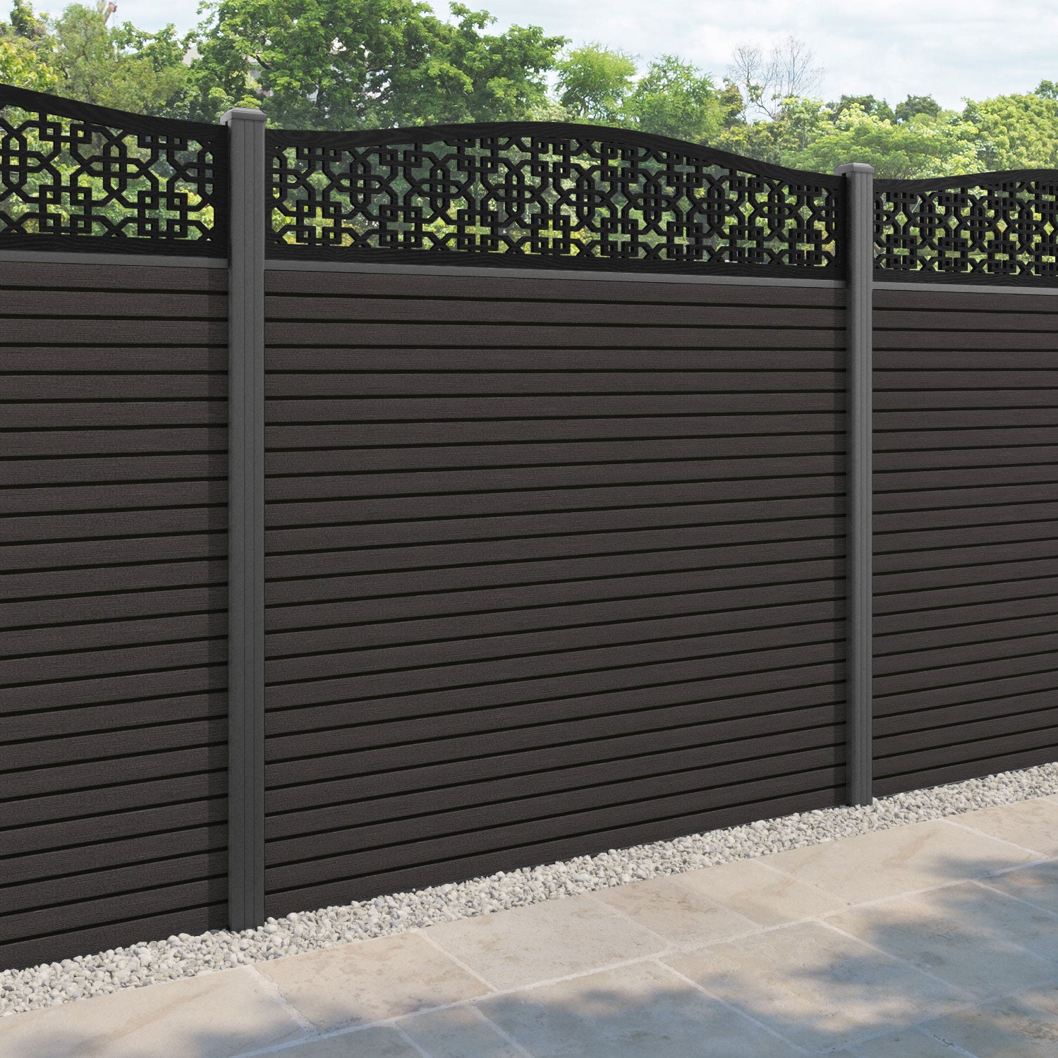 Hudson Zaria Curved Top Fence Panel - Dark Oak - with our aluminium posts