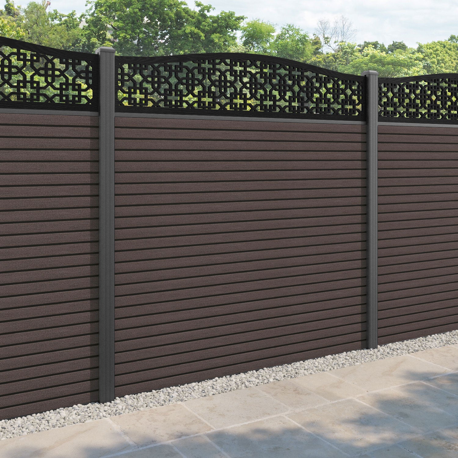 Hudson Zaria Curved Top Fence Panel - Mid Brown - with our aluminium posts