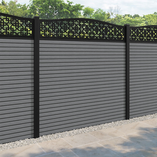 Hudson Zaria Curved Top Fence Panel - Mid Grey - with our aluminium posts