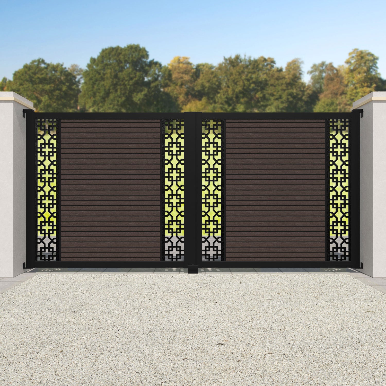 Hudson Zaria Straight Top Driveway Gate - Mid Brown - Middle & End Screen