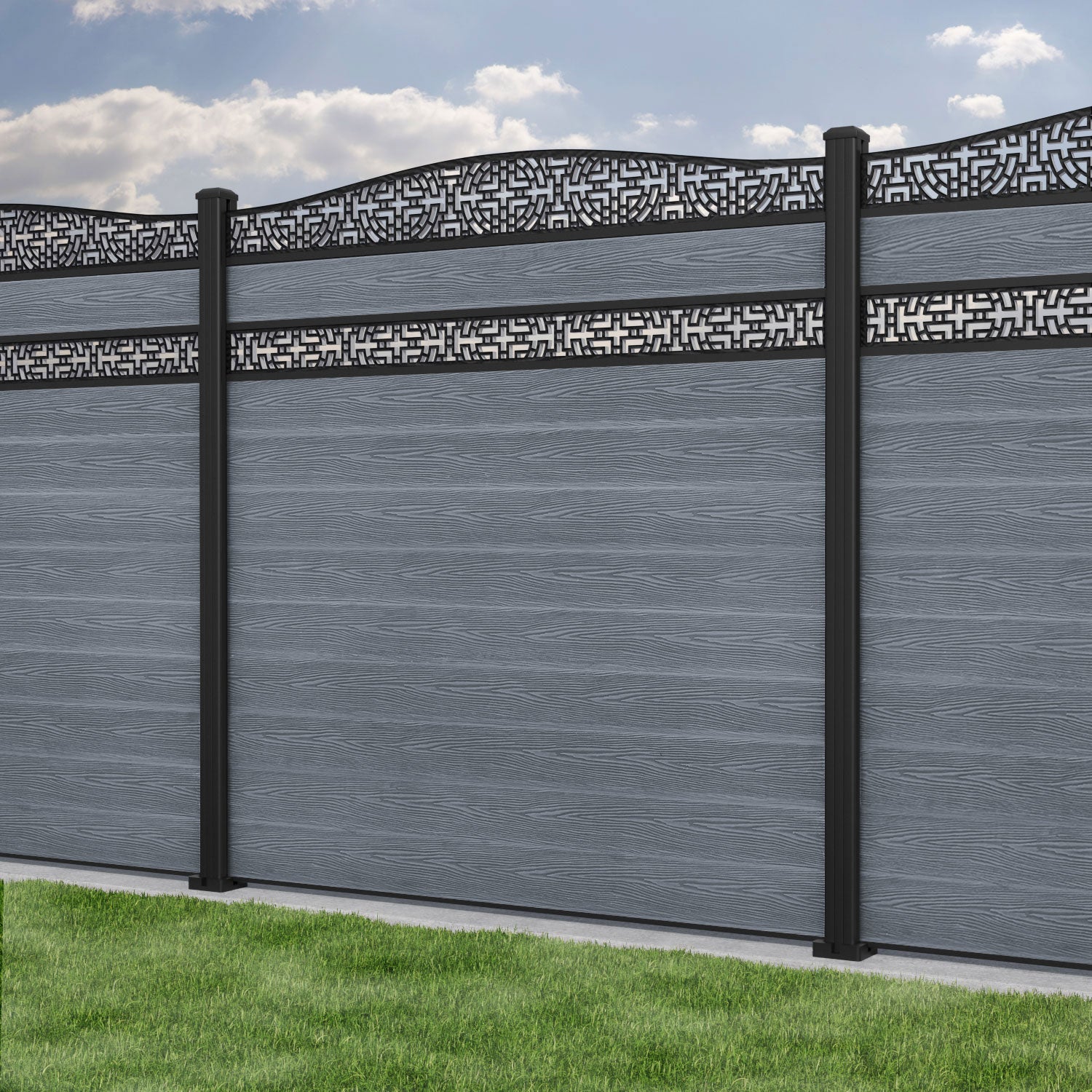 Classic Kumo Curved Top Split Screen Fence Panel - Anthracite - with our aluminium posts