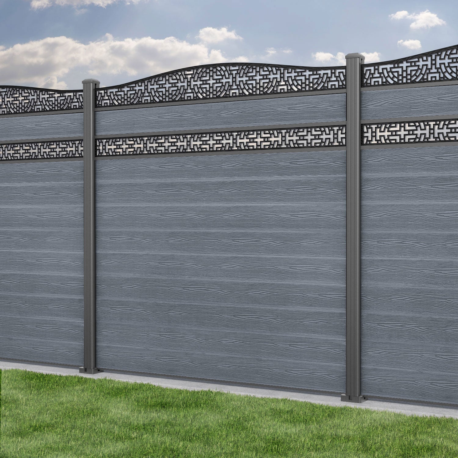 Classic Kumo Curved Top Split Screen Fence Panel - Anthracite - with our aluminium posts