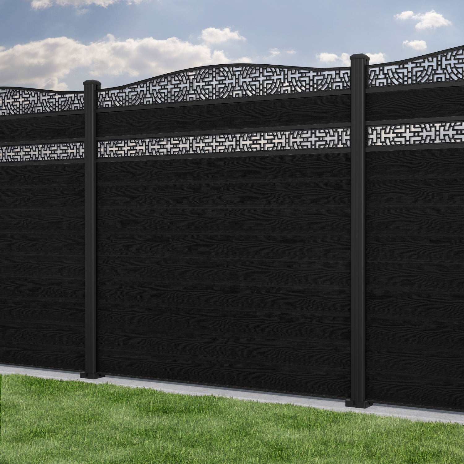 Classic Kumo Curved Top Split Screen Fence Panel - Black - with our aluminium posts