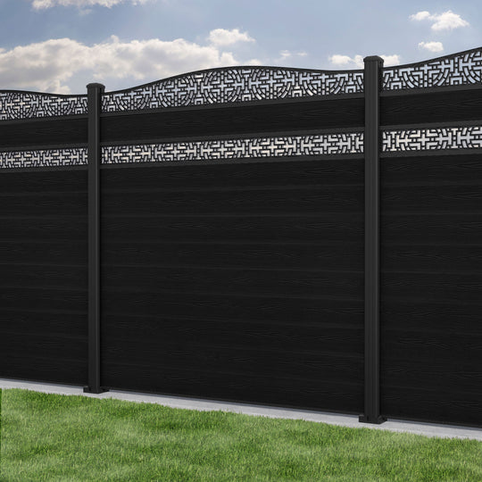 Classic Kumo Curved Top Split Screen Fence Panel - Black - with our aluminium posts