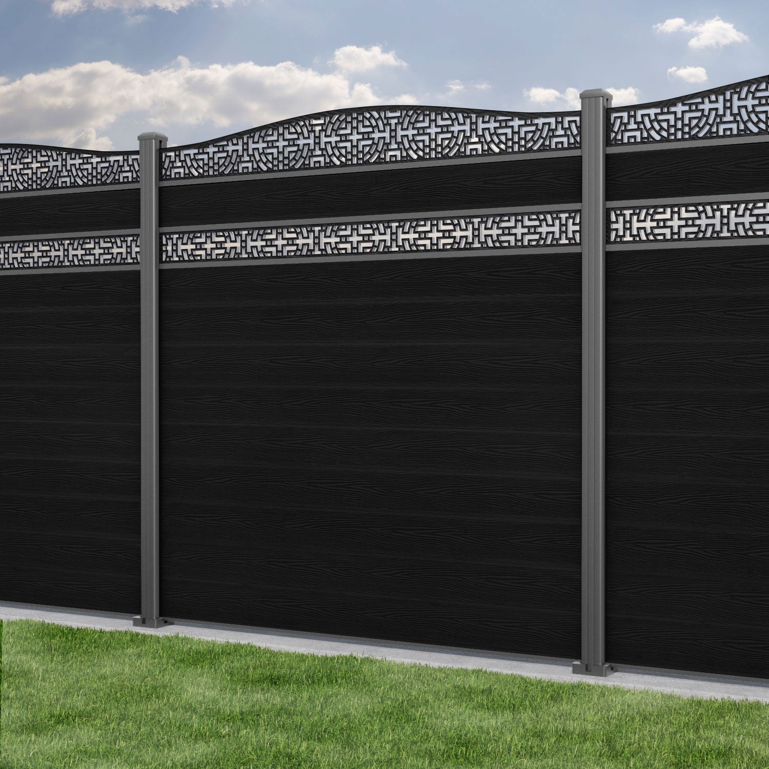 Classic Kumo Curved Top Split Screen Fence Panel - Black - with our aluminium posts