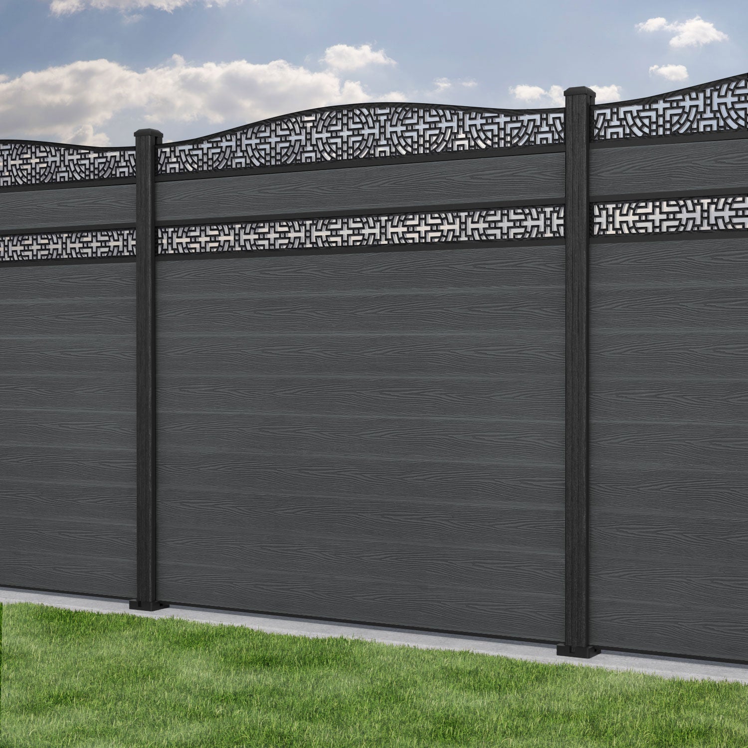 Classic Kumo Curved Top Split Screen Fence Panel - Dark Grey - with our composite posts