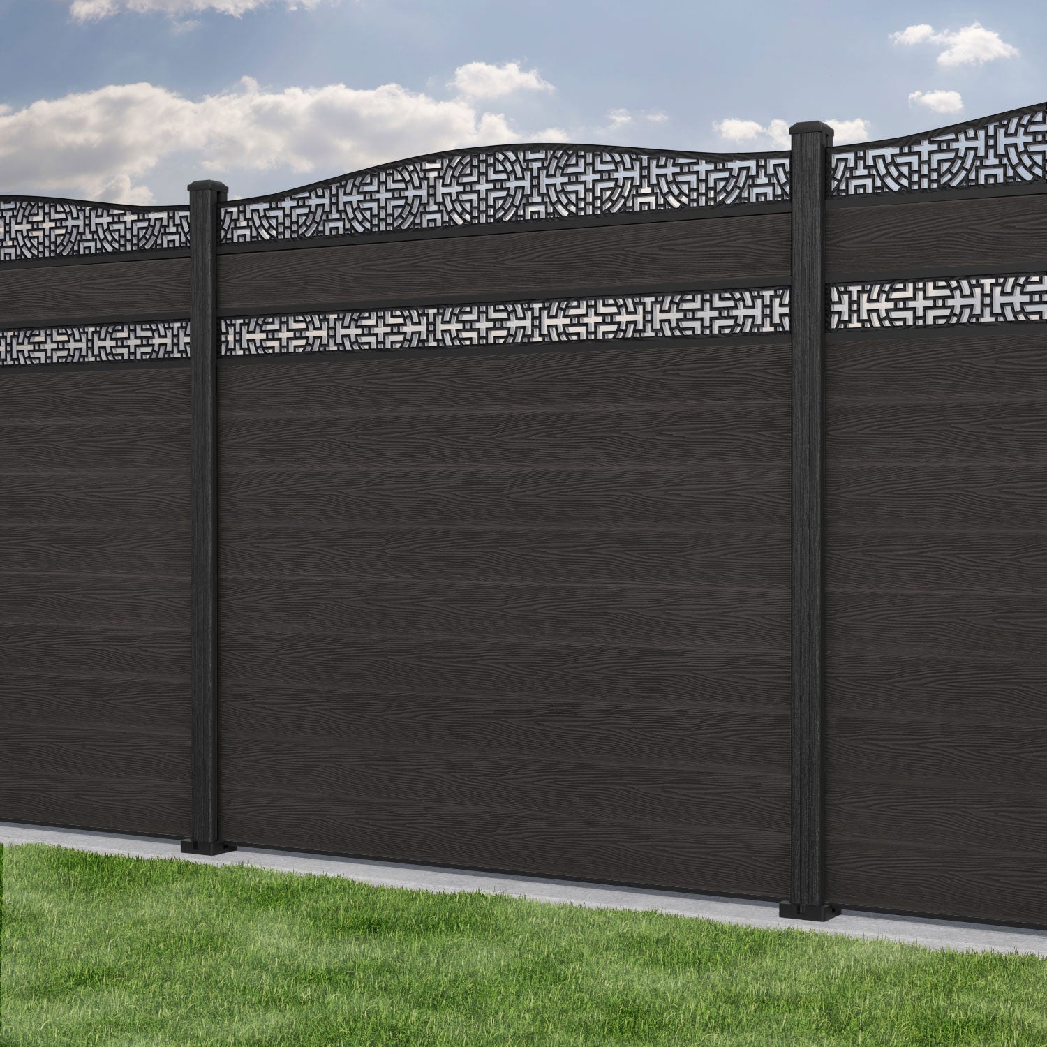 Classic Kumo Curved Top Split Screen Fence Panel - Dark Oak - with our composite posts