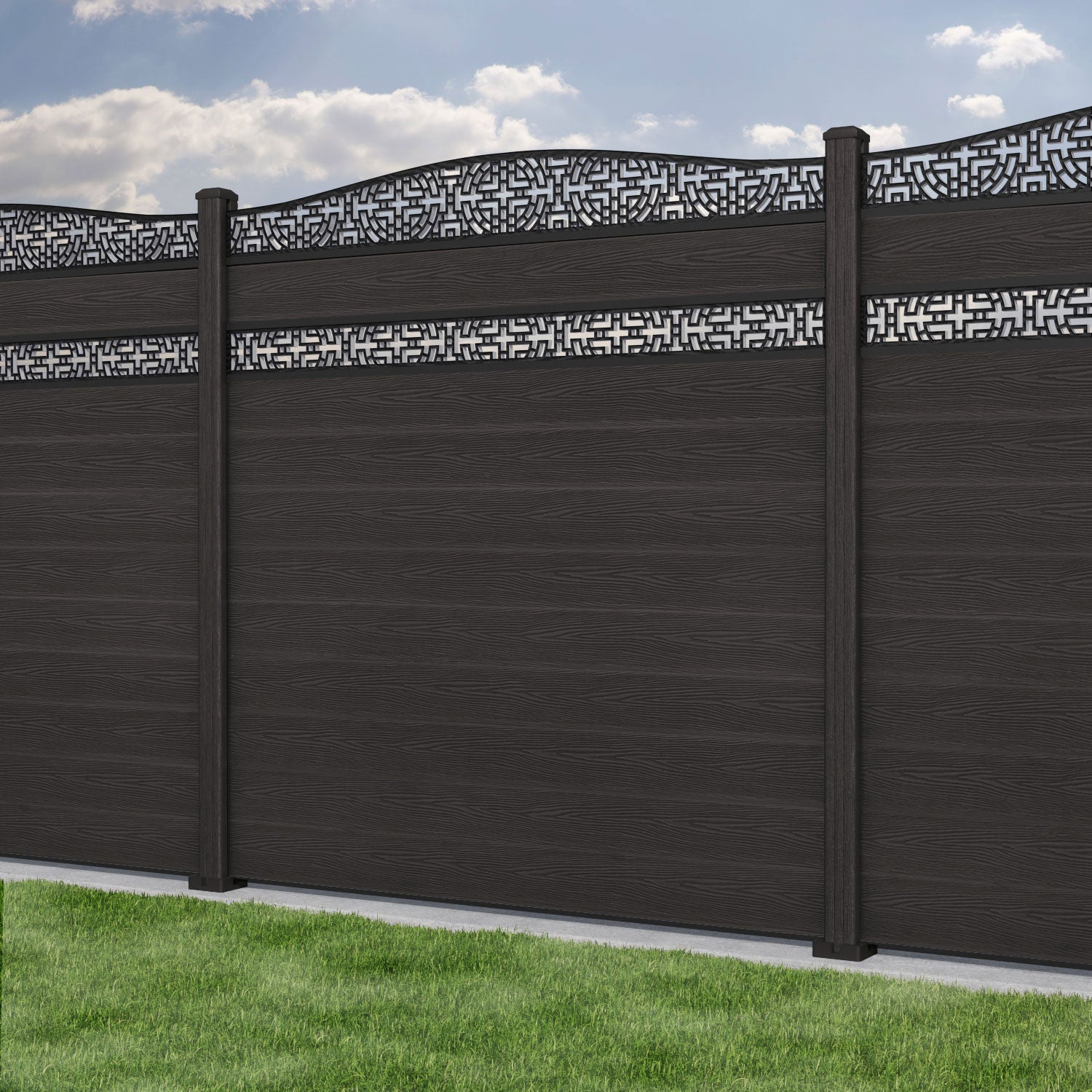 Classic Kumo Curved Top Split Screen Fence Panel - Dark Oak - with our composite posts