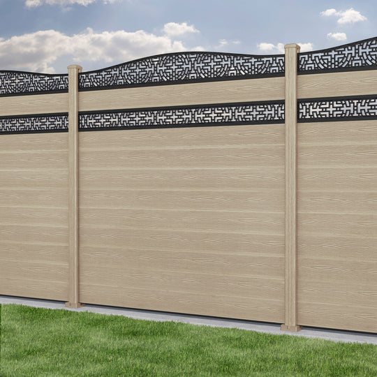 Classic Kumo Curved Top Split Screen Fence Panel - Light Oak - with our composite posts