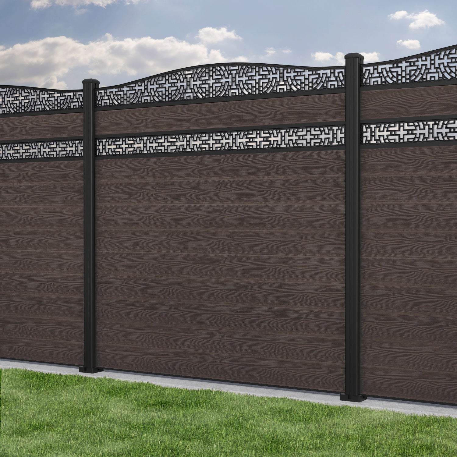 Classic Kumo Curved Top Split Screen Fence Panel - Mid Brown - with our aluminium posts