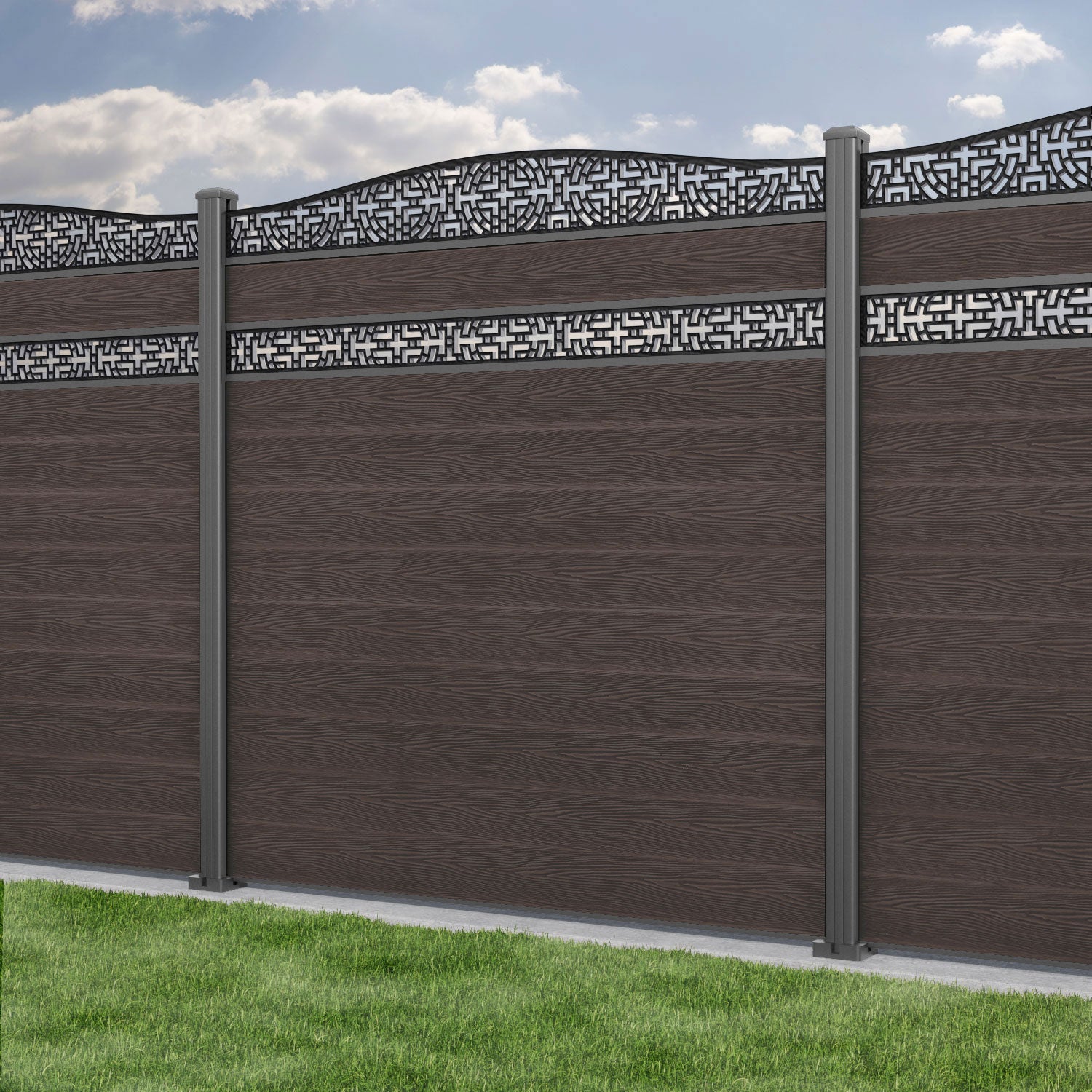 Classic Kumo Curved Top Split Screen Fence Panel - Mid Brown - with our aluminium posts