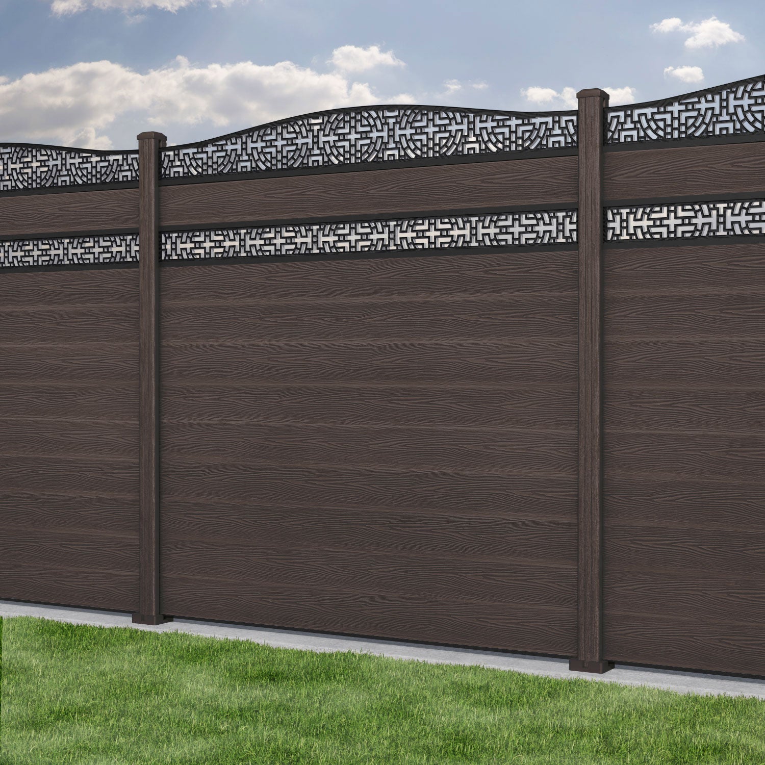 Classic Kumo Curved Top Split Screen Fence Panel - Mid Brown - with our composite posts