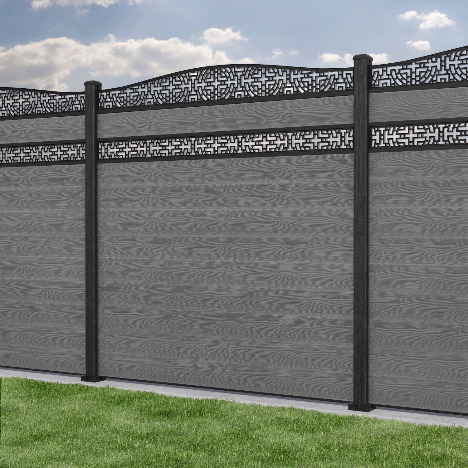 Classic Kumo Curved Top Split Screen Fence Panel - Mid Grey - with our composite posts