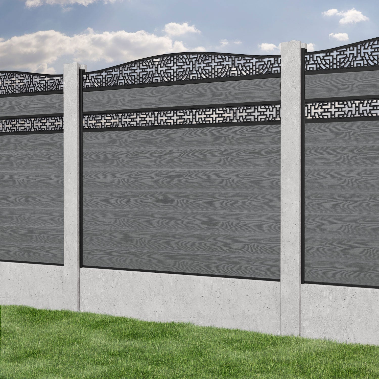 Classic Kumo Curved Top Split Screen Fence Panel - Mid Grey - for existing concrete posts