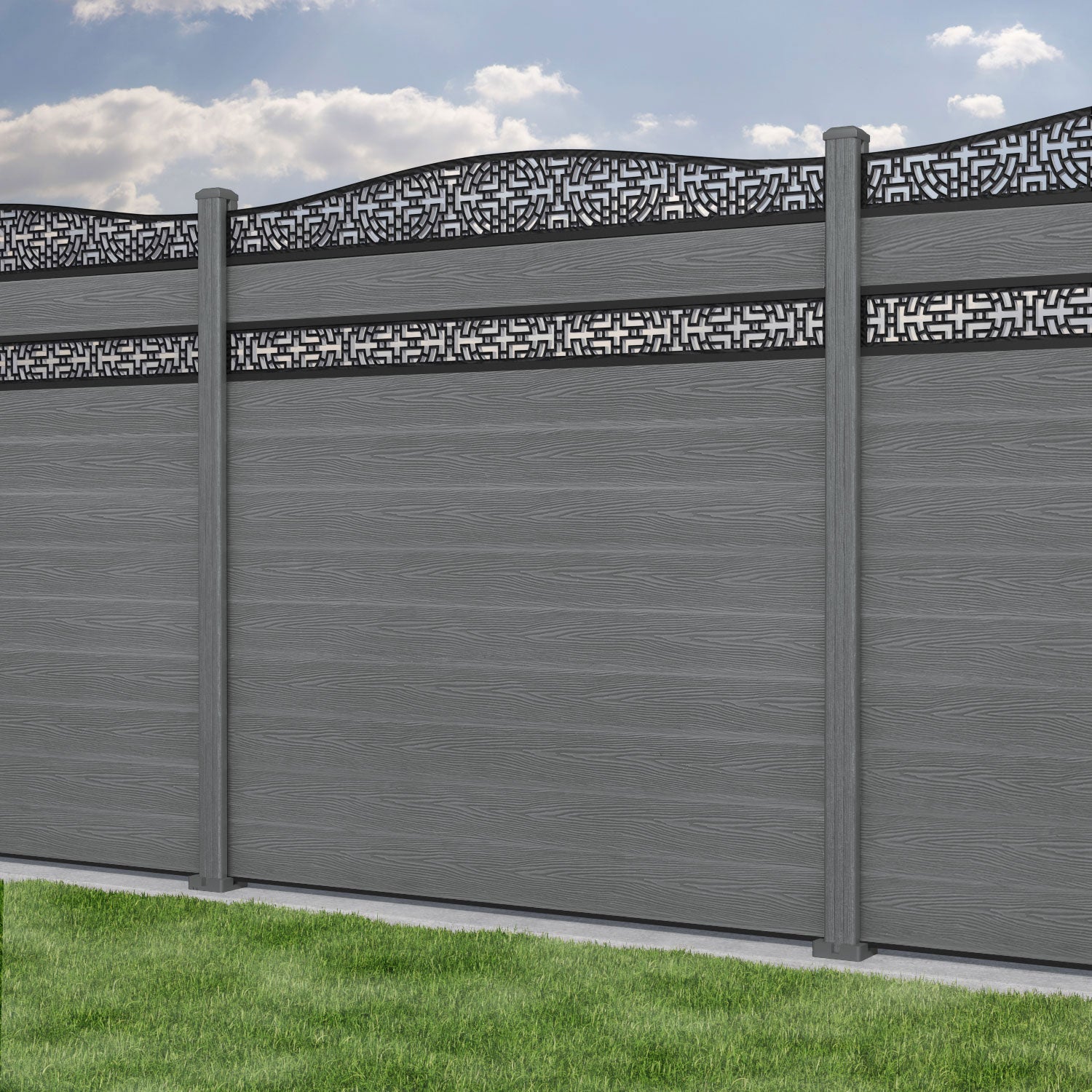 Classic Kumo Curved Top Split Screen Fence Panel - Mid Grey - with our composite posts