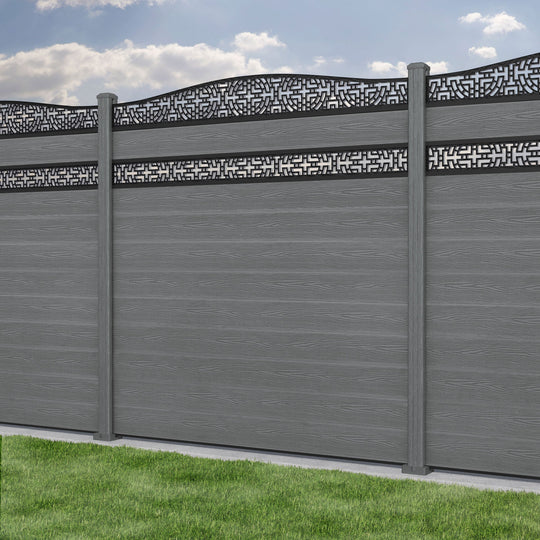 Classic Kumo Curved Top Split Screen Fence Panel - Mid Grey - with our composite posts