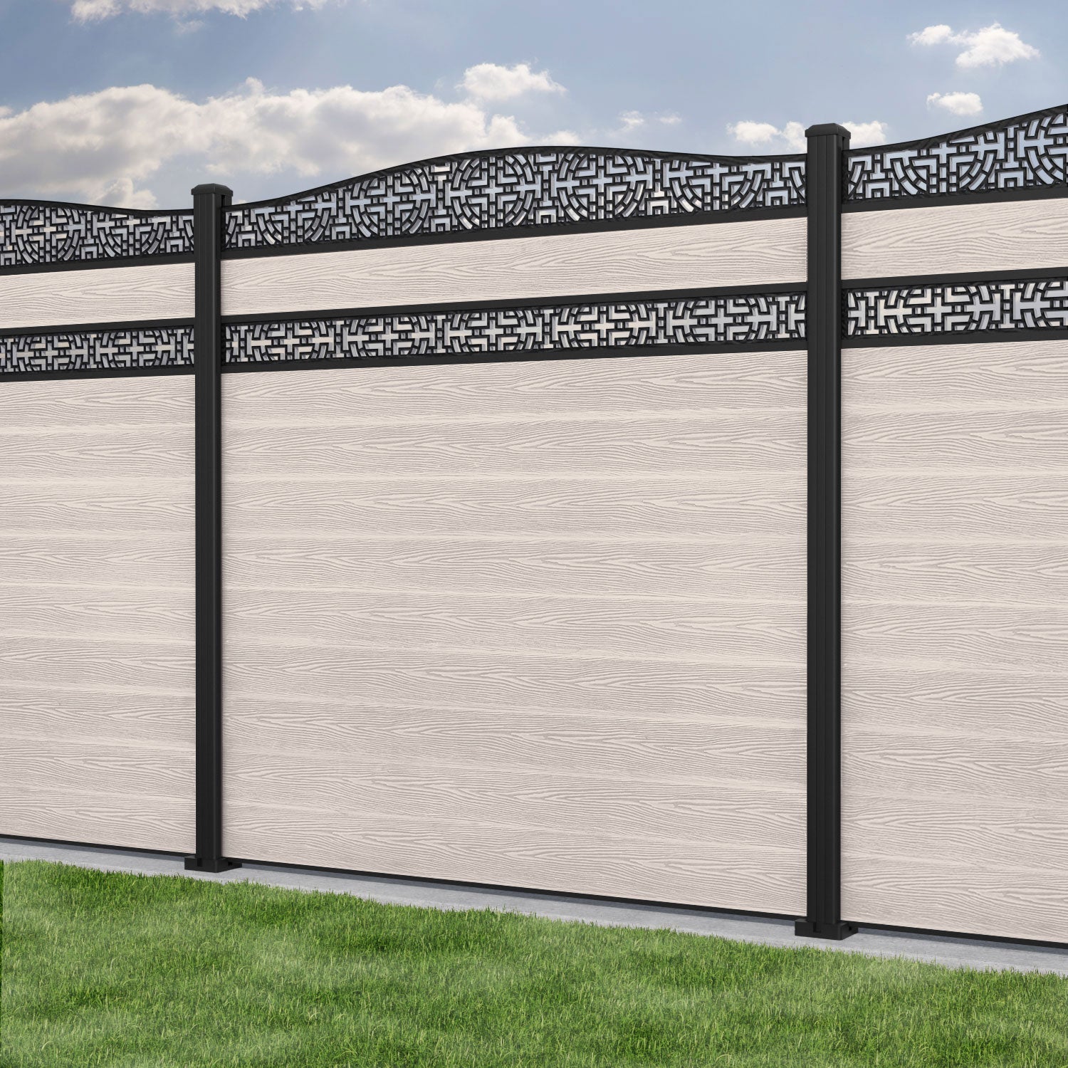 Classic Kumo Curved Top Split Screen Fence Panel - Mid Stone - with our aluminium posts