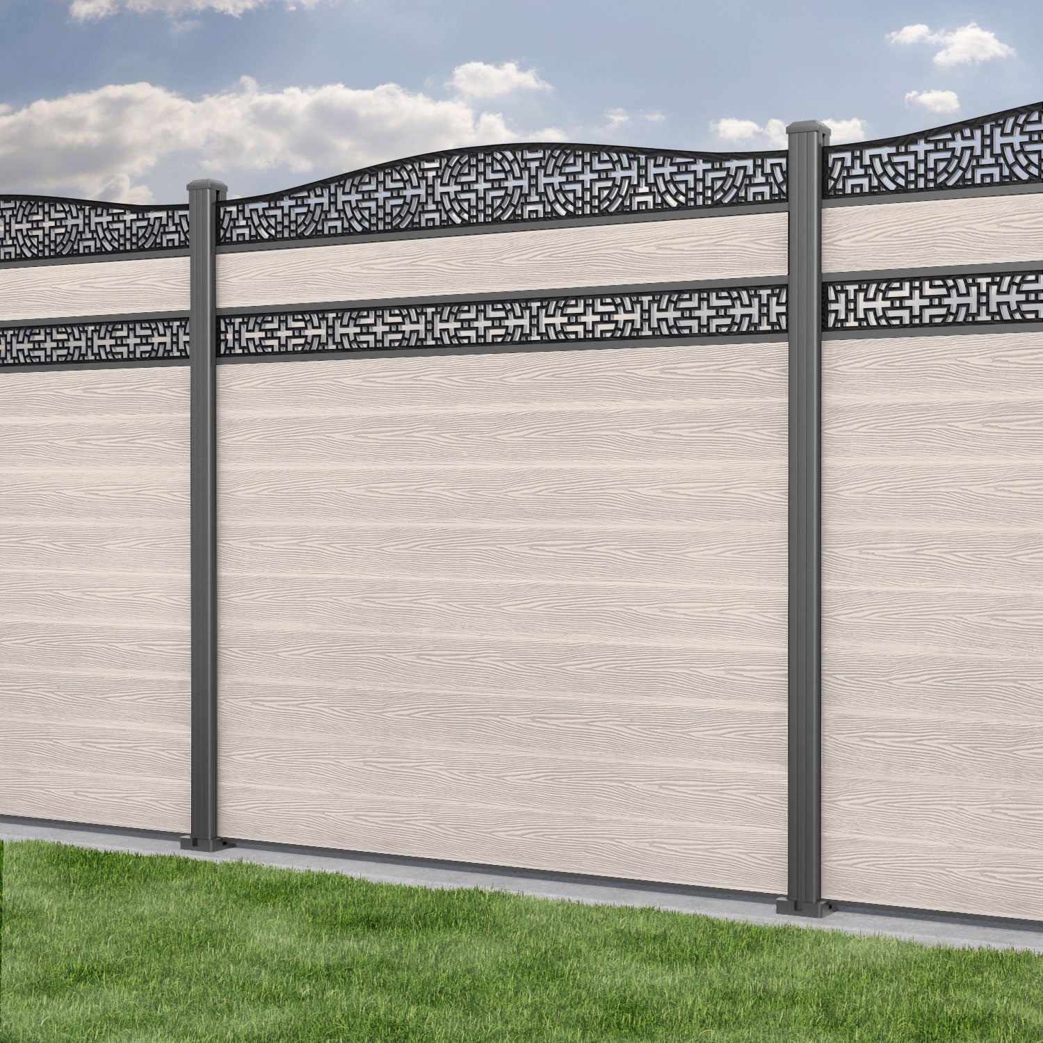 Classic Kumo Curved Top Split Screen Fence Panel - Mid Stone - with our aluminium posts