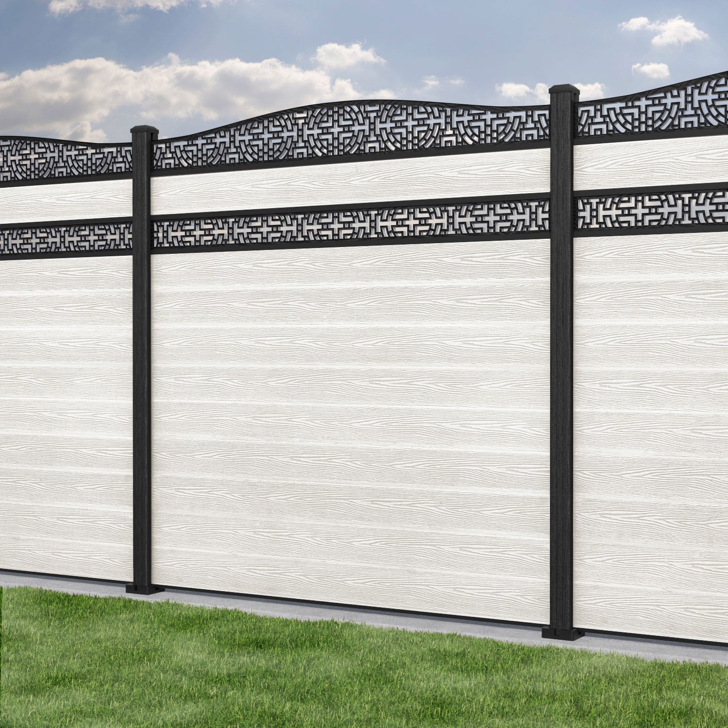 Classic Kumo Curved Top Split Screen Fence Panel - Light Stone - with our composite posts