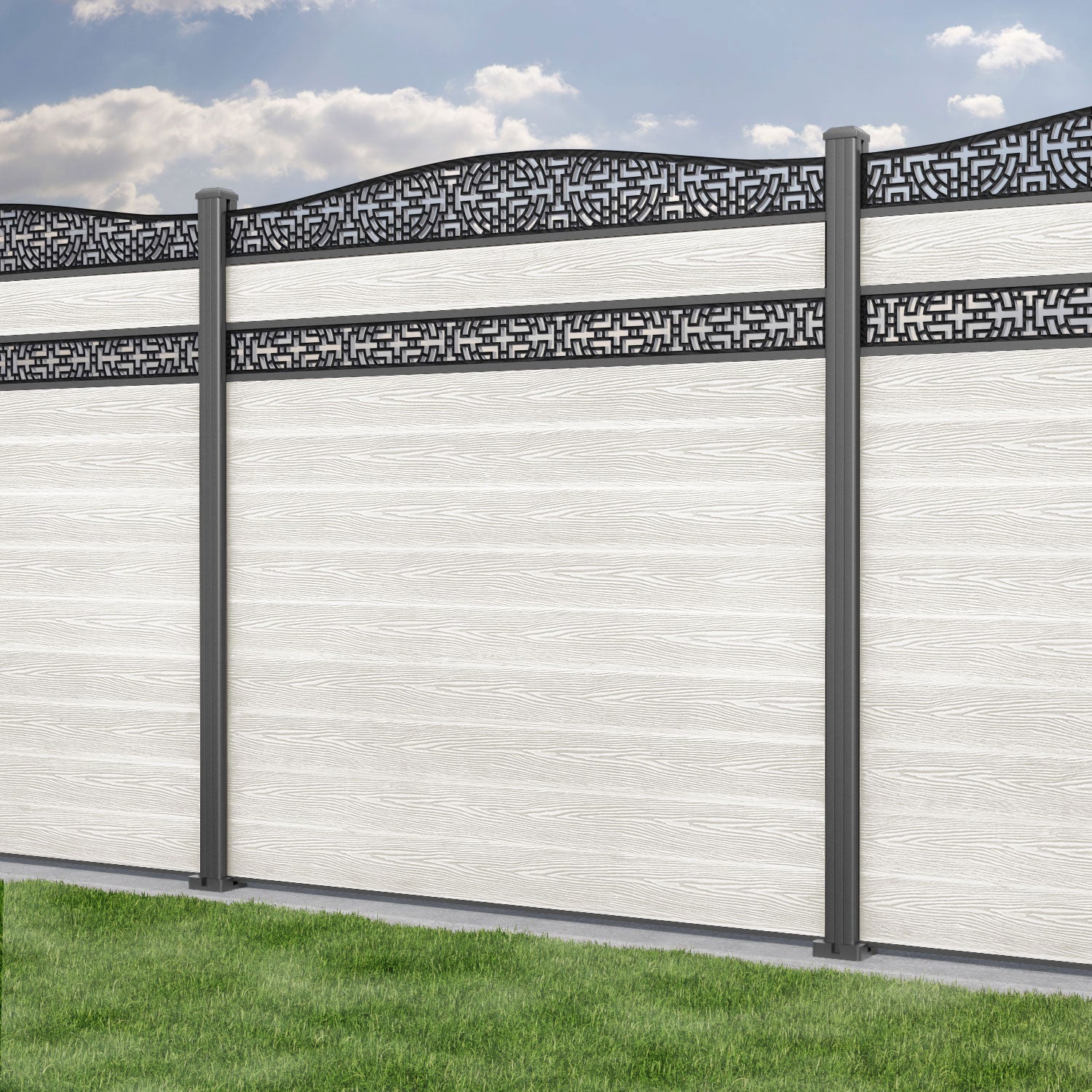 Classic Kumo Curved Top Split Screen Fence Panel - Light Stone - with our aluminium posts