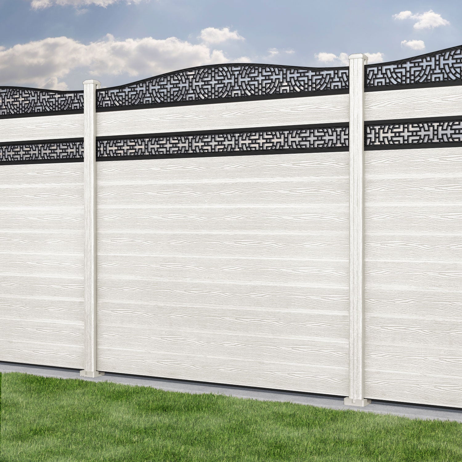 Classic Kumo Curved Top Split Screen Fence Panel - Light Stone - with our composite posts