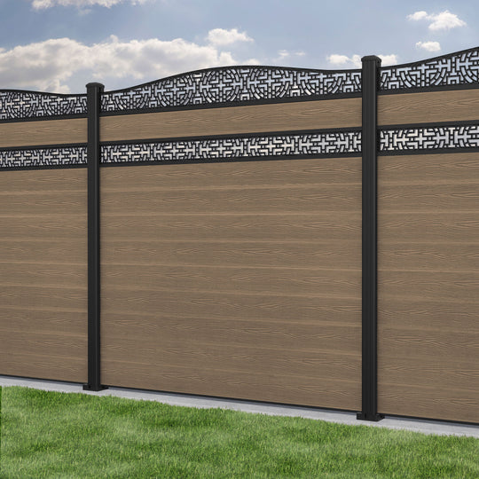 Classic Kumo Curved Top Split Screen Fence Panel - Teak - with our aluminium posts