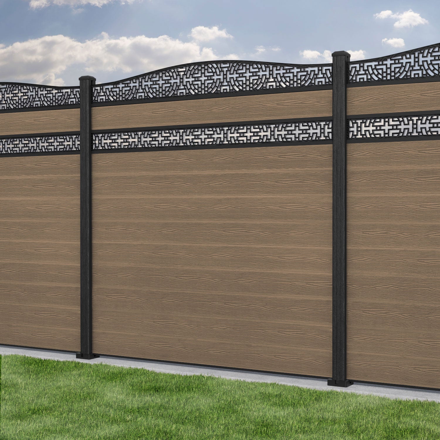Classic Kumo Curved Top Split Screen Fence Panel - Teak - with our composite posts