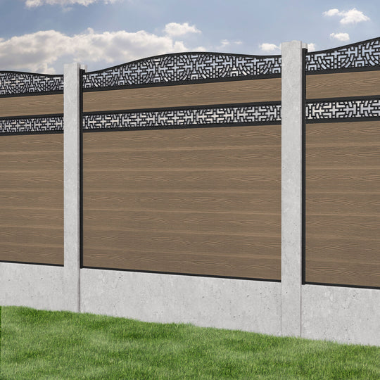 Classic Kumo Curved Top Split Screen Fence Panel - Teak - for existing concrete posts