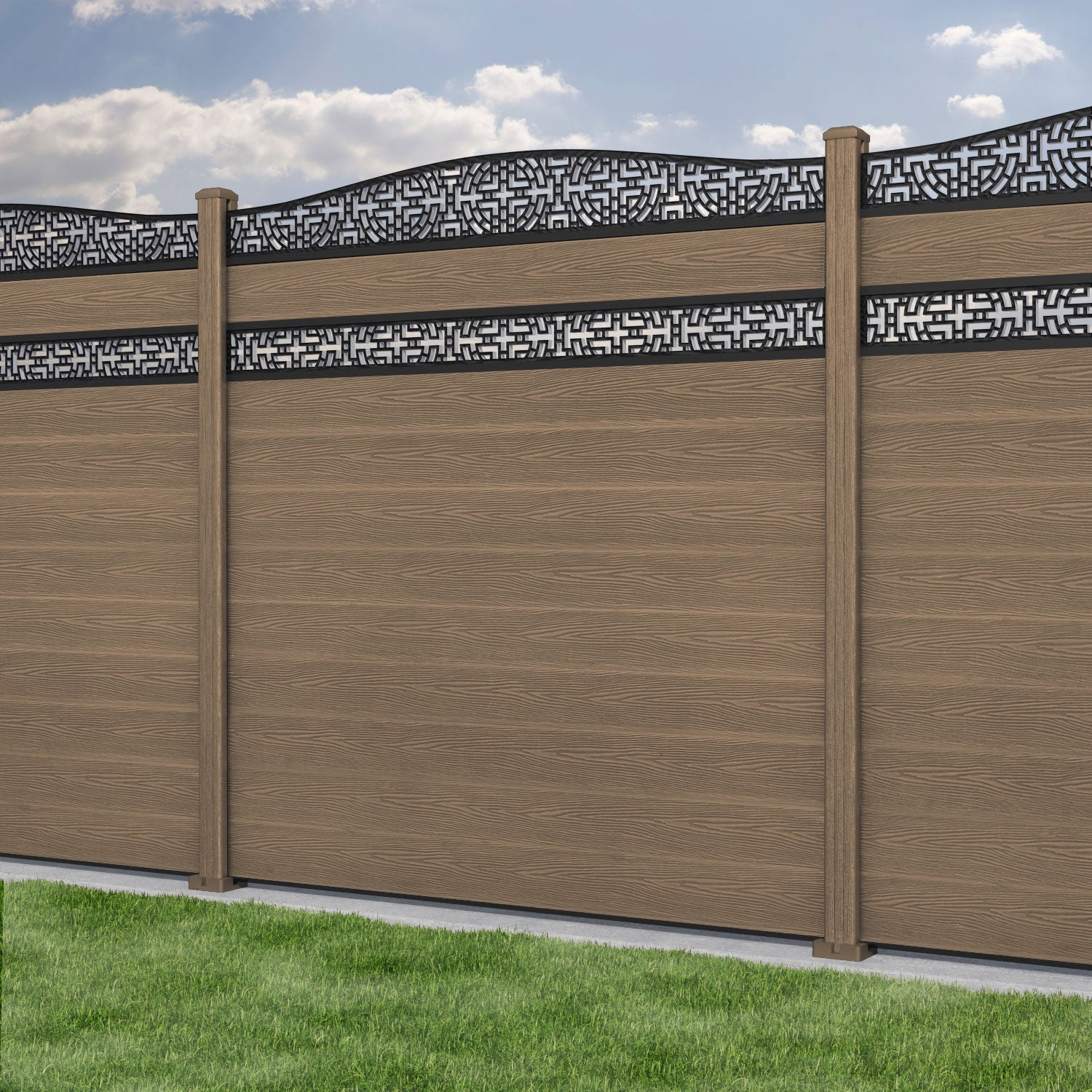 Classic Kumo Curved Top Split Screen Fence Panel - Teak - with our composite posts