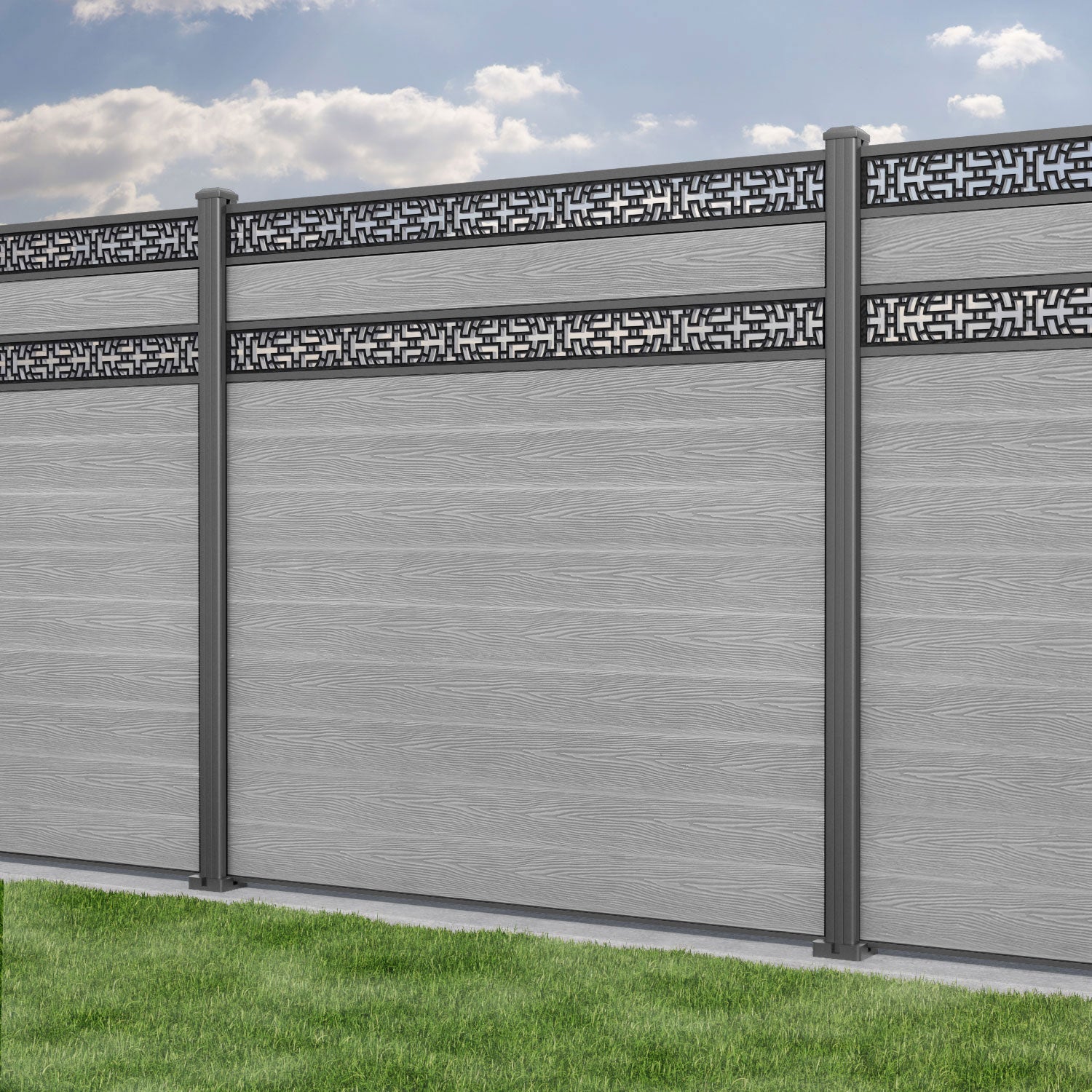 Classic Kumo Split Screen Fence Panel - Light Grey - with our aluminium posts