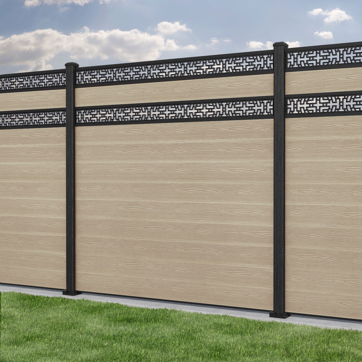 Classic Kumo Split Screen Fence Panel - Light Oak - with our composite posts