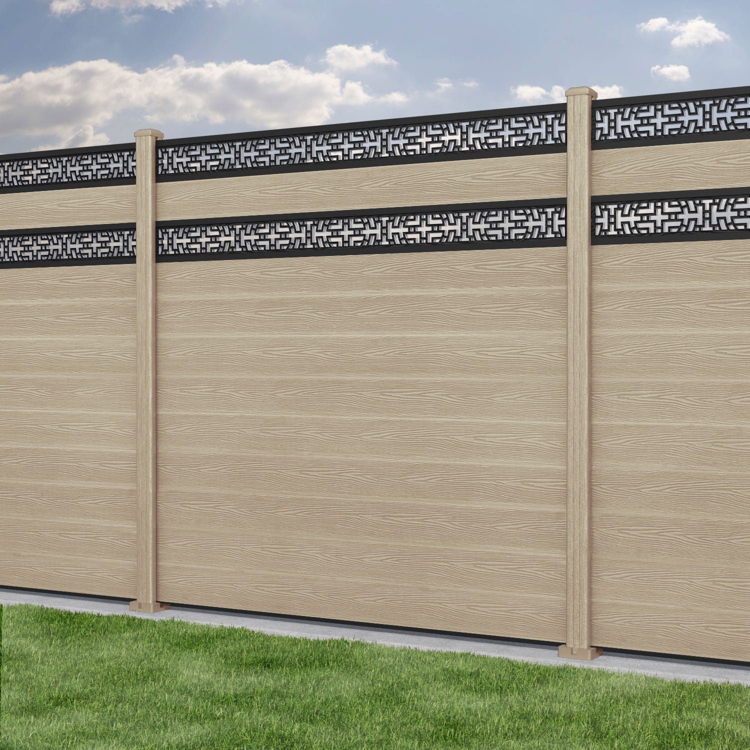 Classic Kumo Split Screen Fence Panel - Light Oak - with our composite posts
