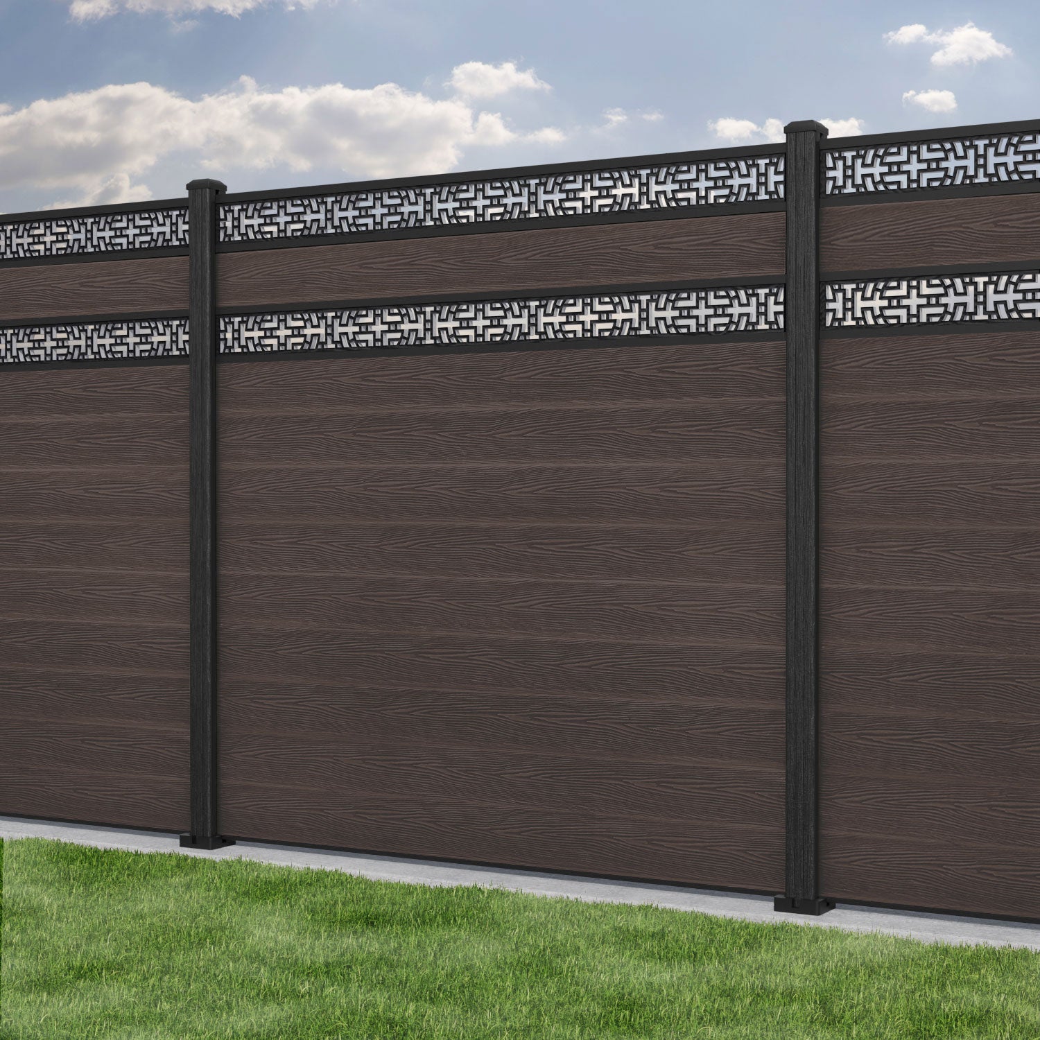 Classic Kumo Split Screen Fence Panel - Mid Brown - with our composite posts
