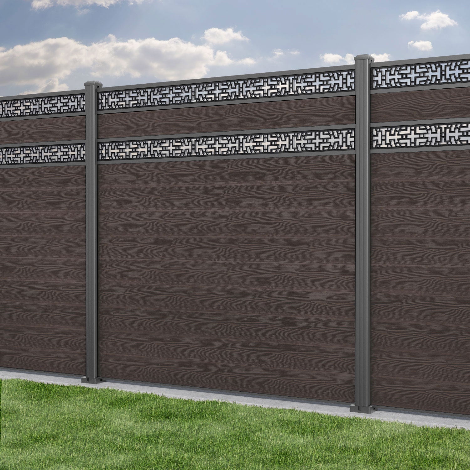 Classic Kumo Split Screen Fence Panel - Mid Brown - with our aluminium posts