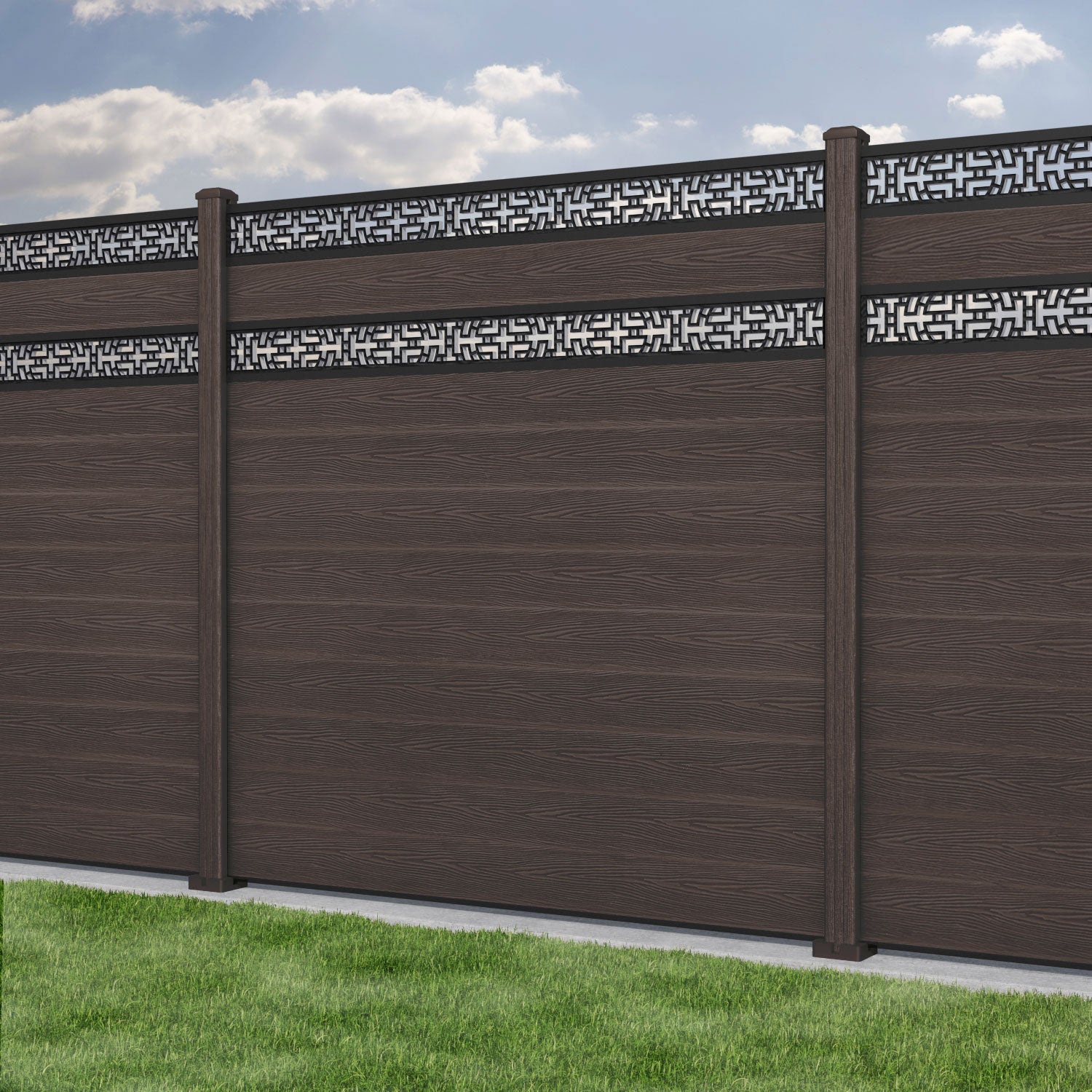 Classic Kumo Split Screen Fence Panel - Mid Brown - with our composite posts