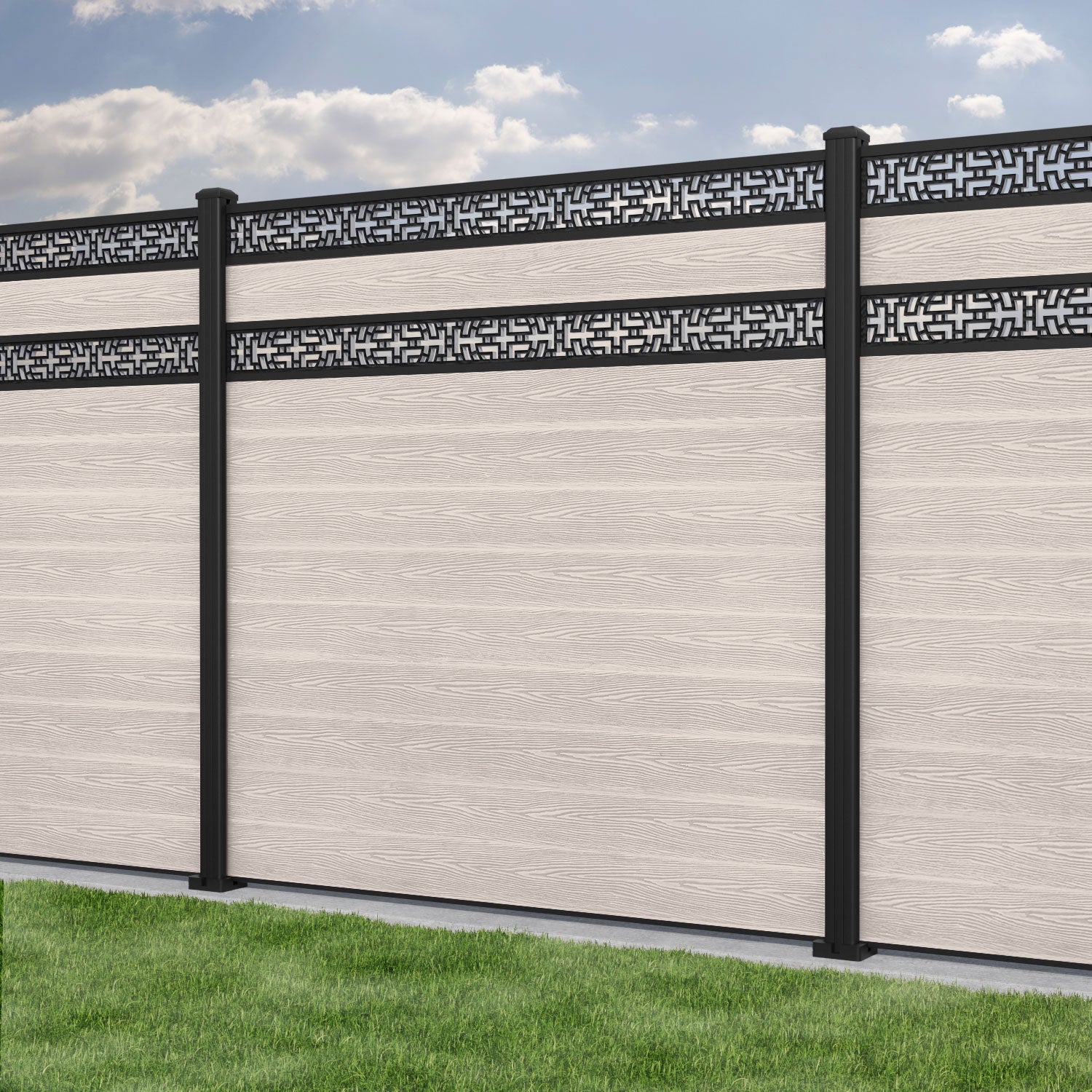 Classic Kumo Split Screen Fence Panel - Mid Stone - with our aluminium posts