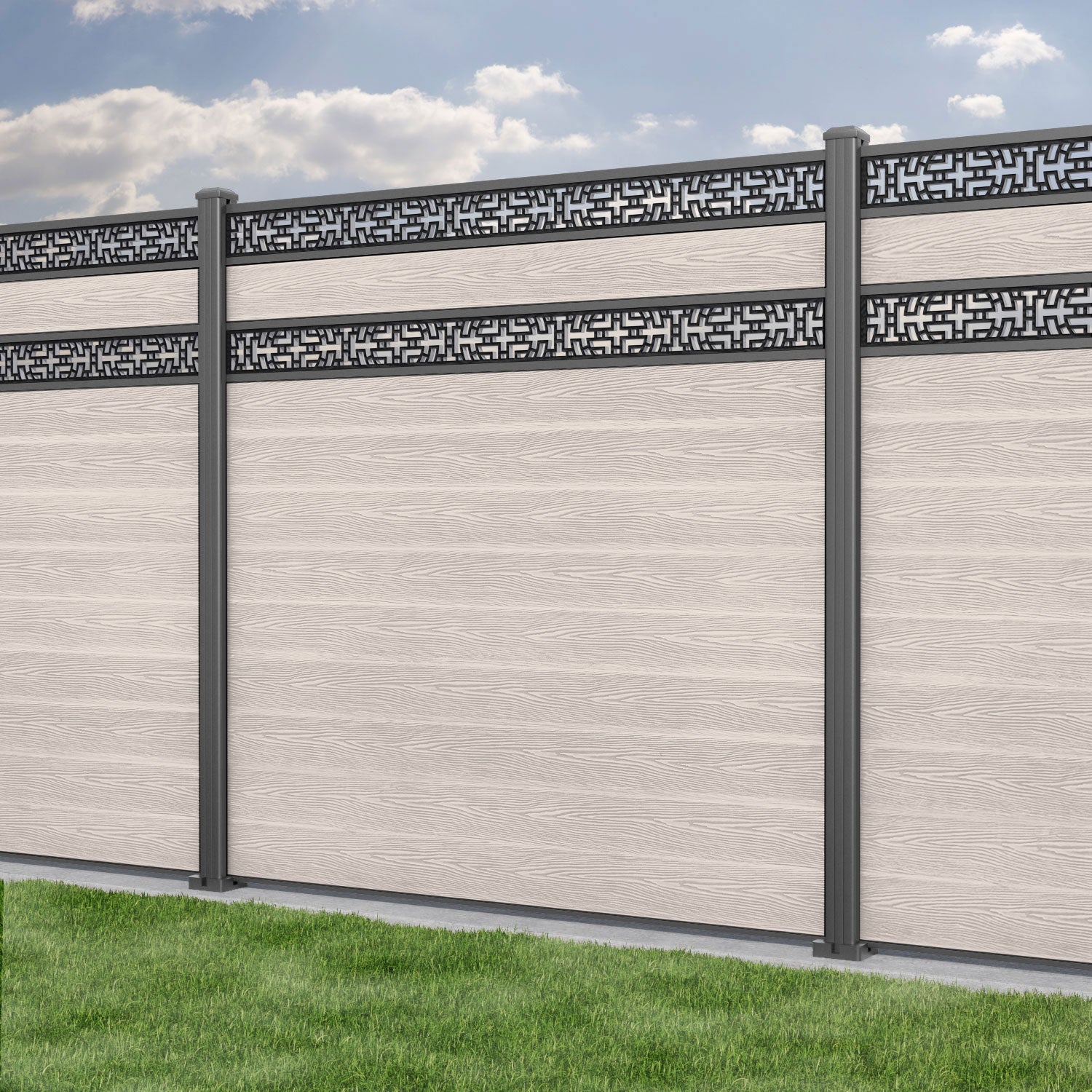 Classic Kumo Split Screen Fence Panel - Mid Stone - with our aluminium posts