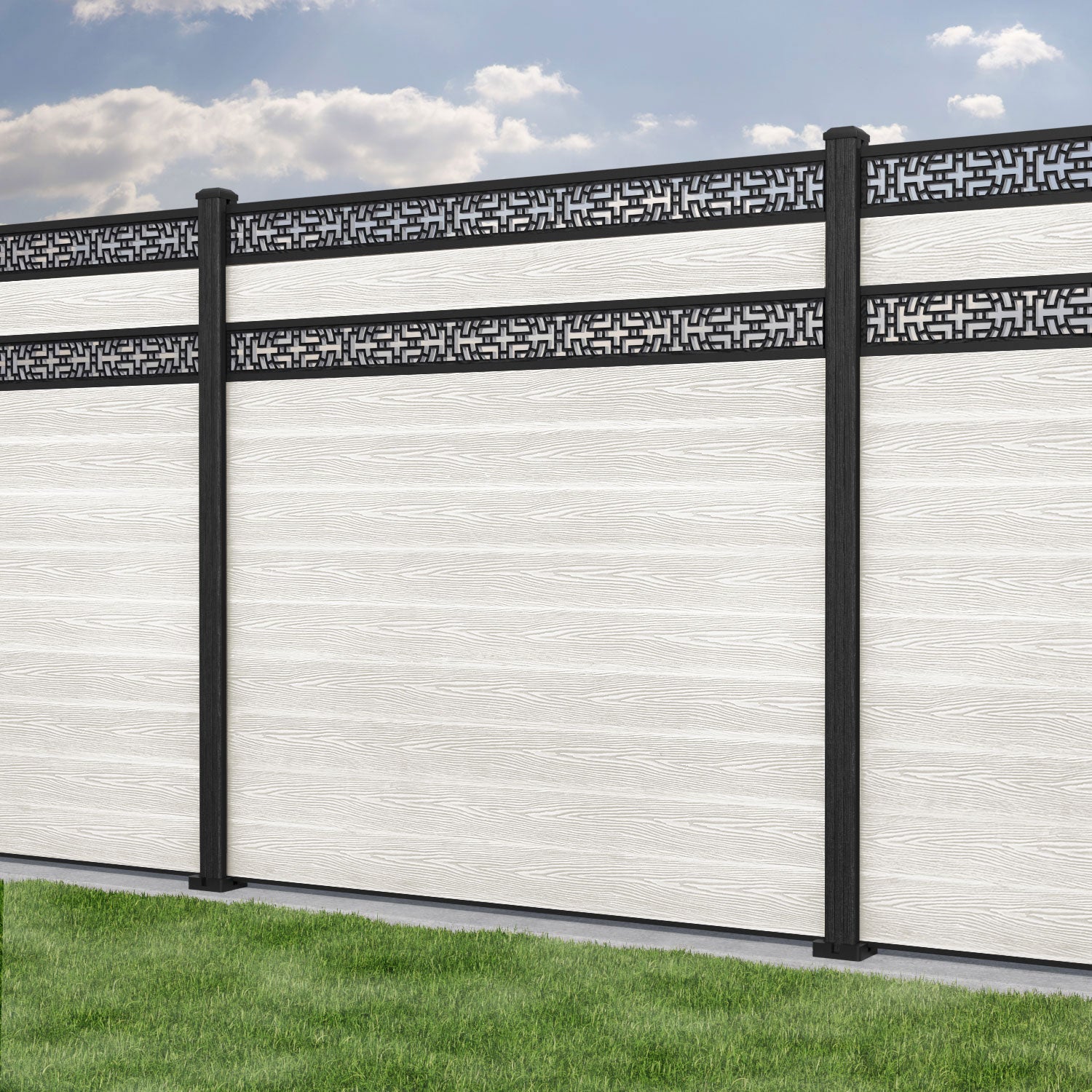 Classic Kumo Split Screen Fence Panel - Light Stone - with our composite posts