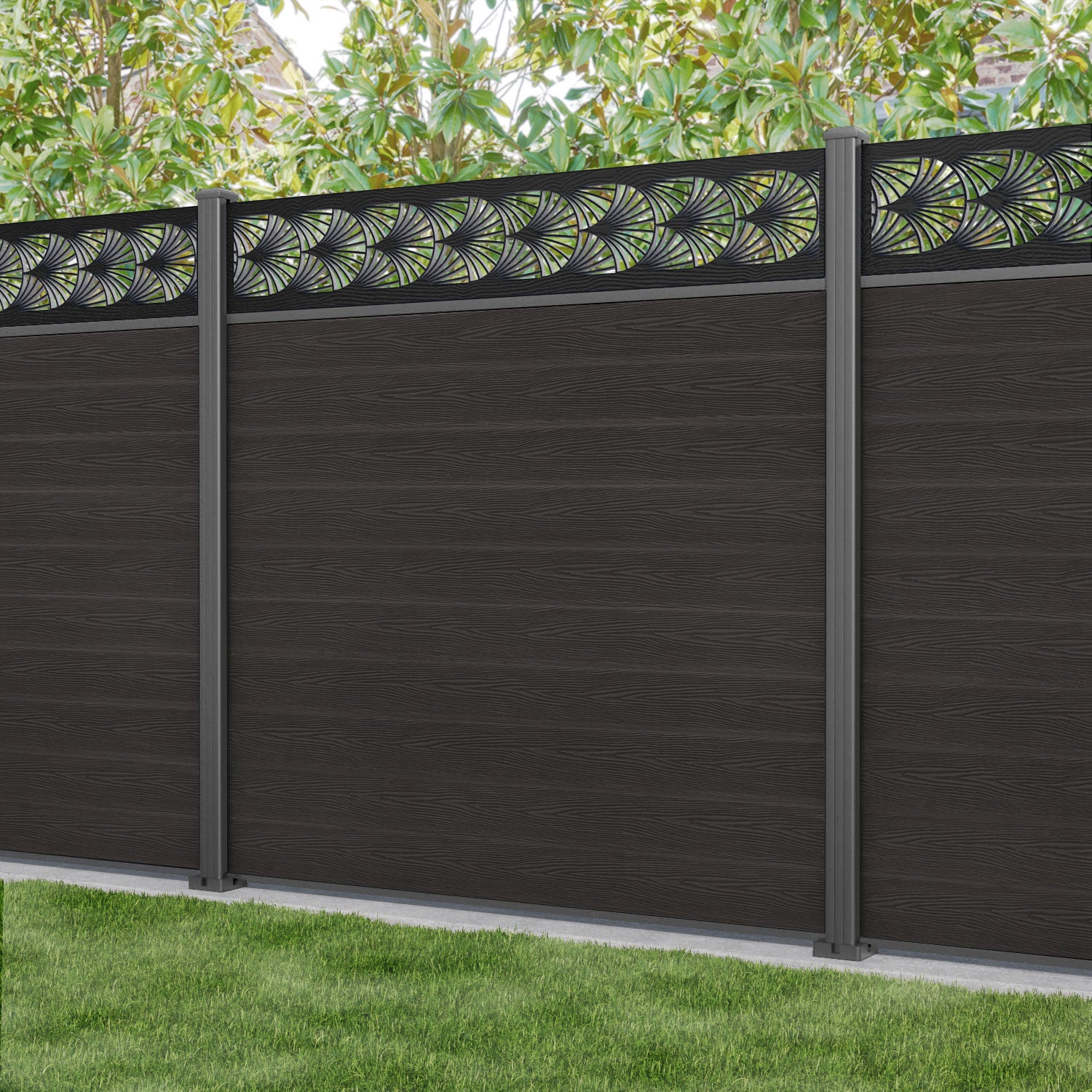 Classic Laurel Fence Panel - Dark Oak - with our aluminium posts