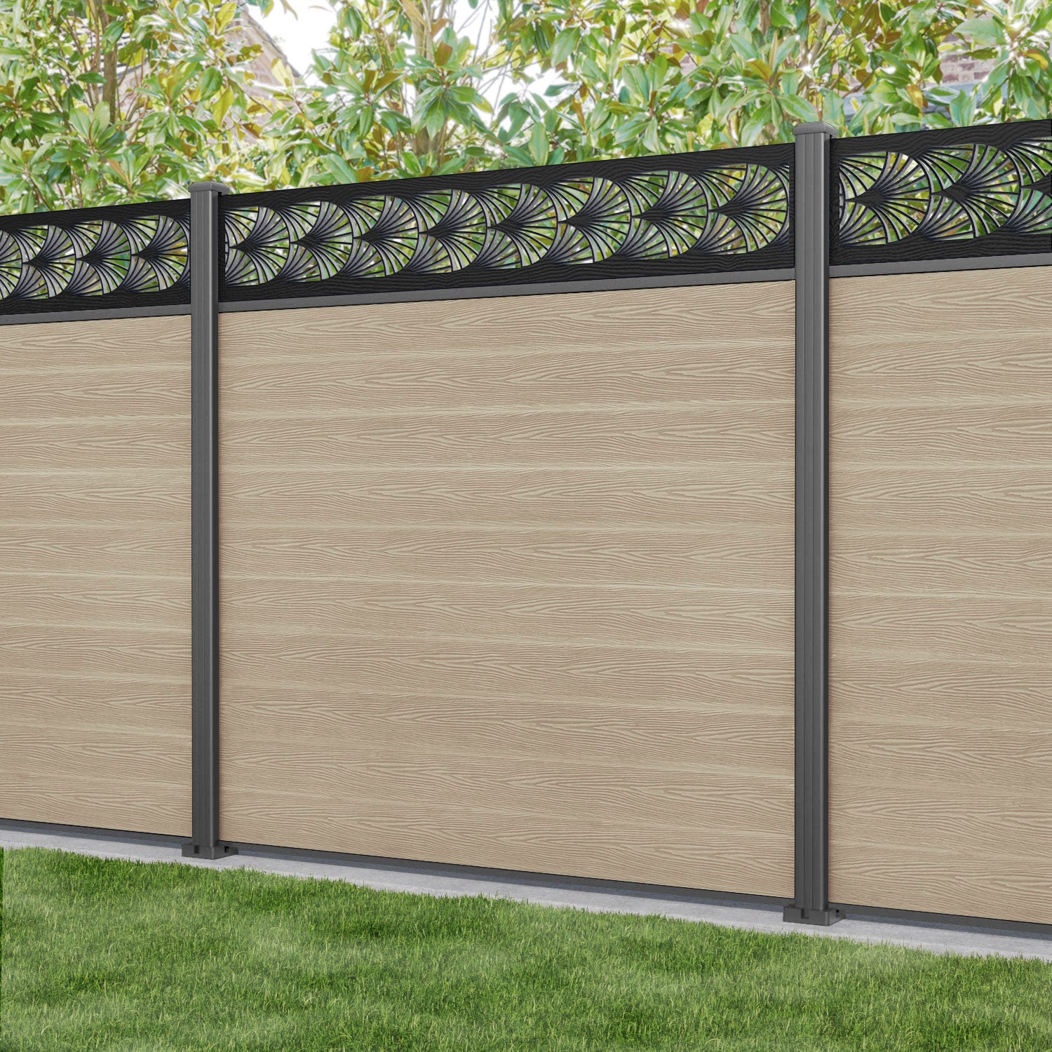 Classic Laurel Fence Panel - Light Oak - with our aluminium posts