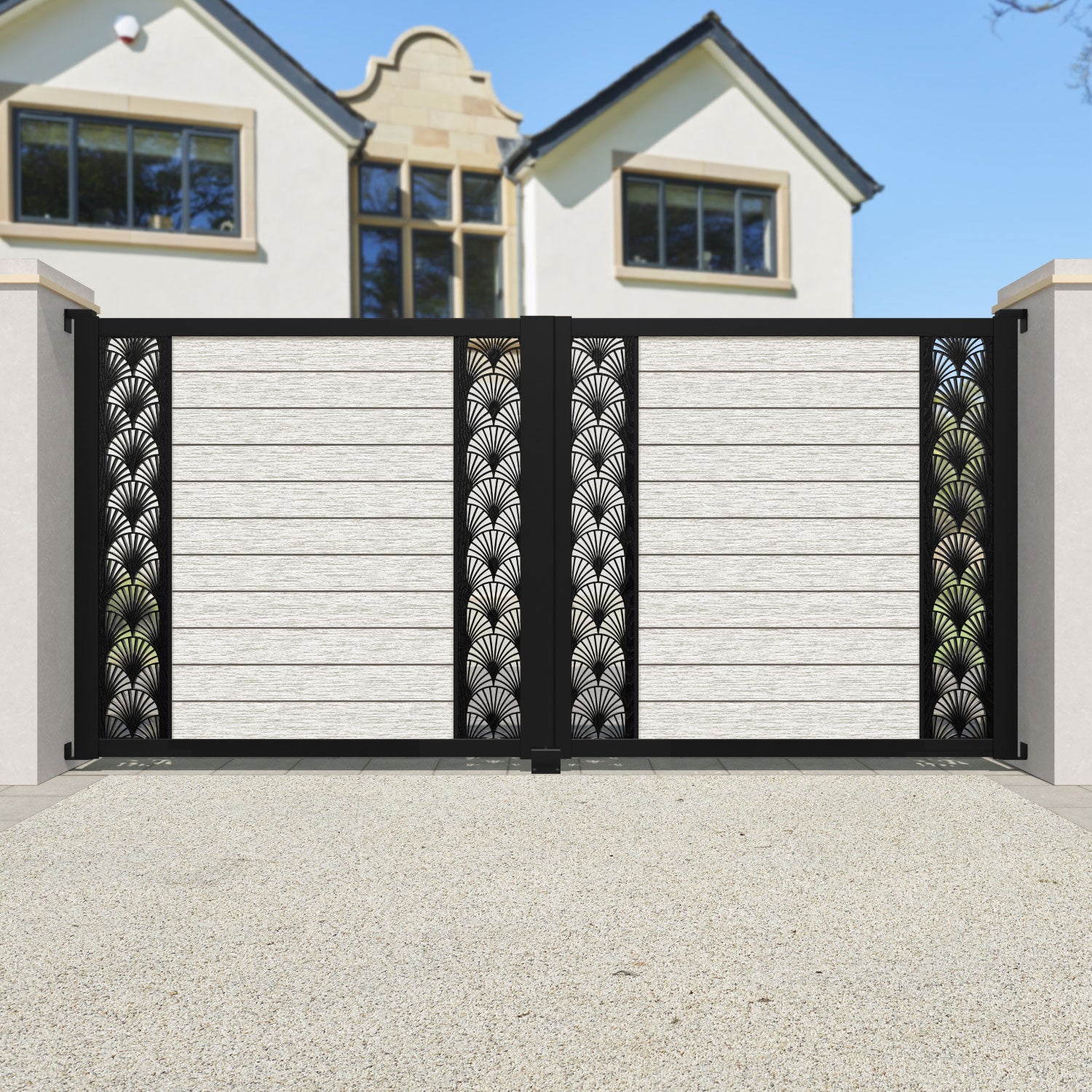 Fusion Laurel Straight Top Driveway Gate - Light Stone - Middle & End Screen