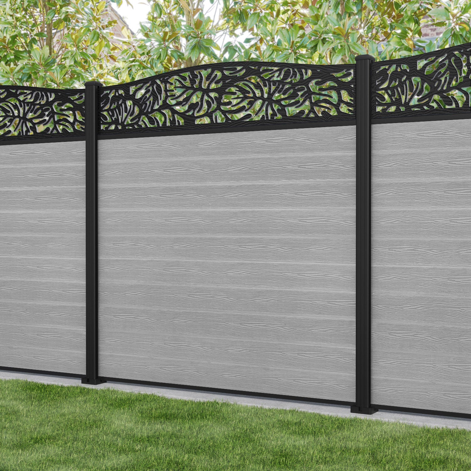 Classic Botanic Curved Top Fence Panel - Light Grey - with our aluminium posts
