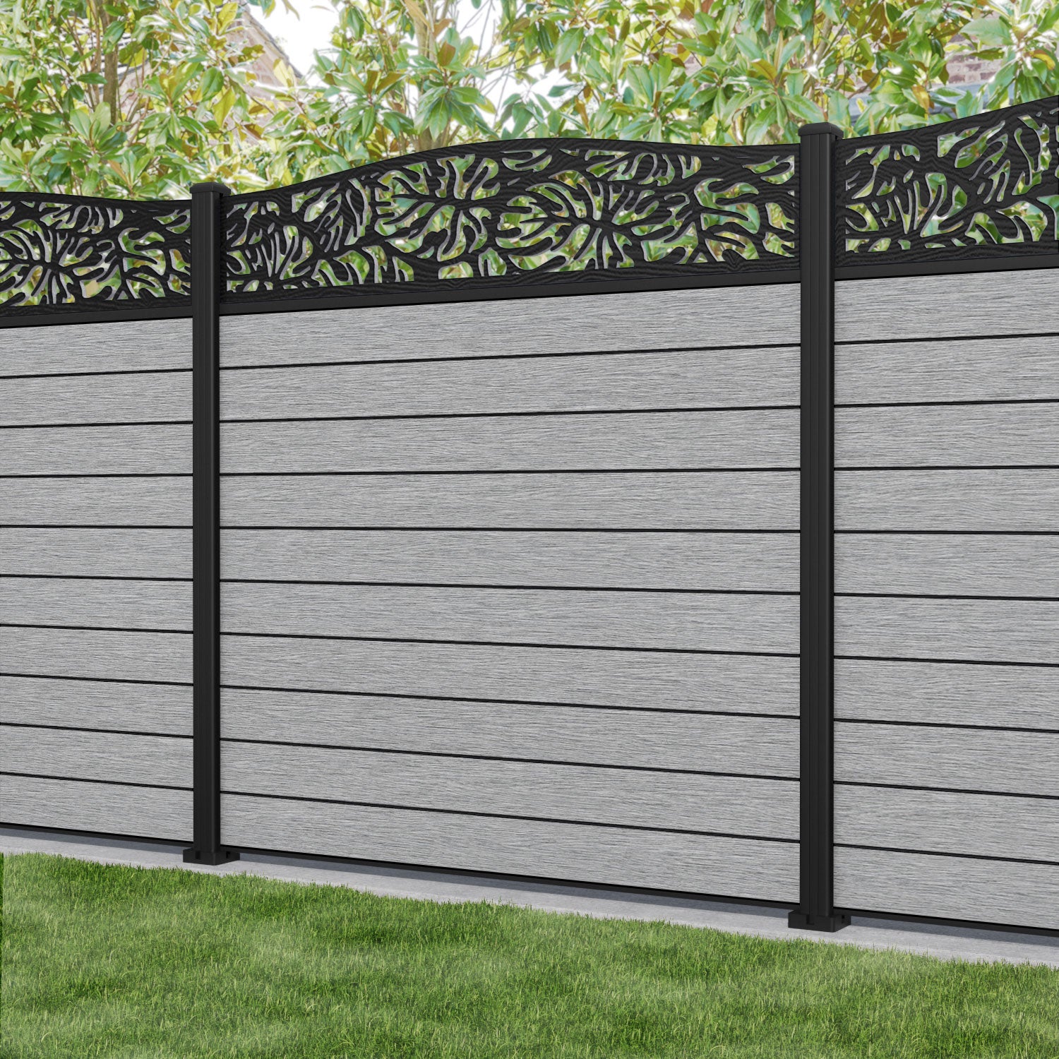 Fusion Botanic Curved Top Fence Panel - Light Grey - with our aluminium posts