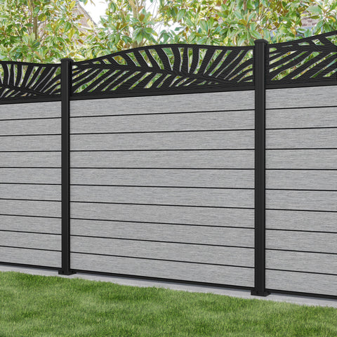 Fusion Palm Curved Top Fence Panel - Light Grey - with our aluminium posts
