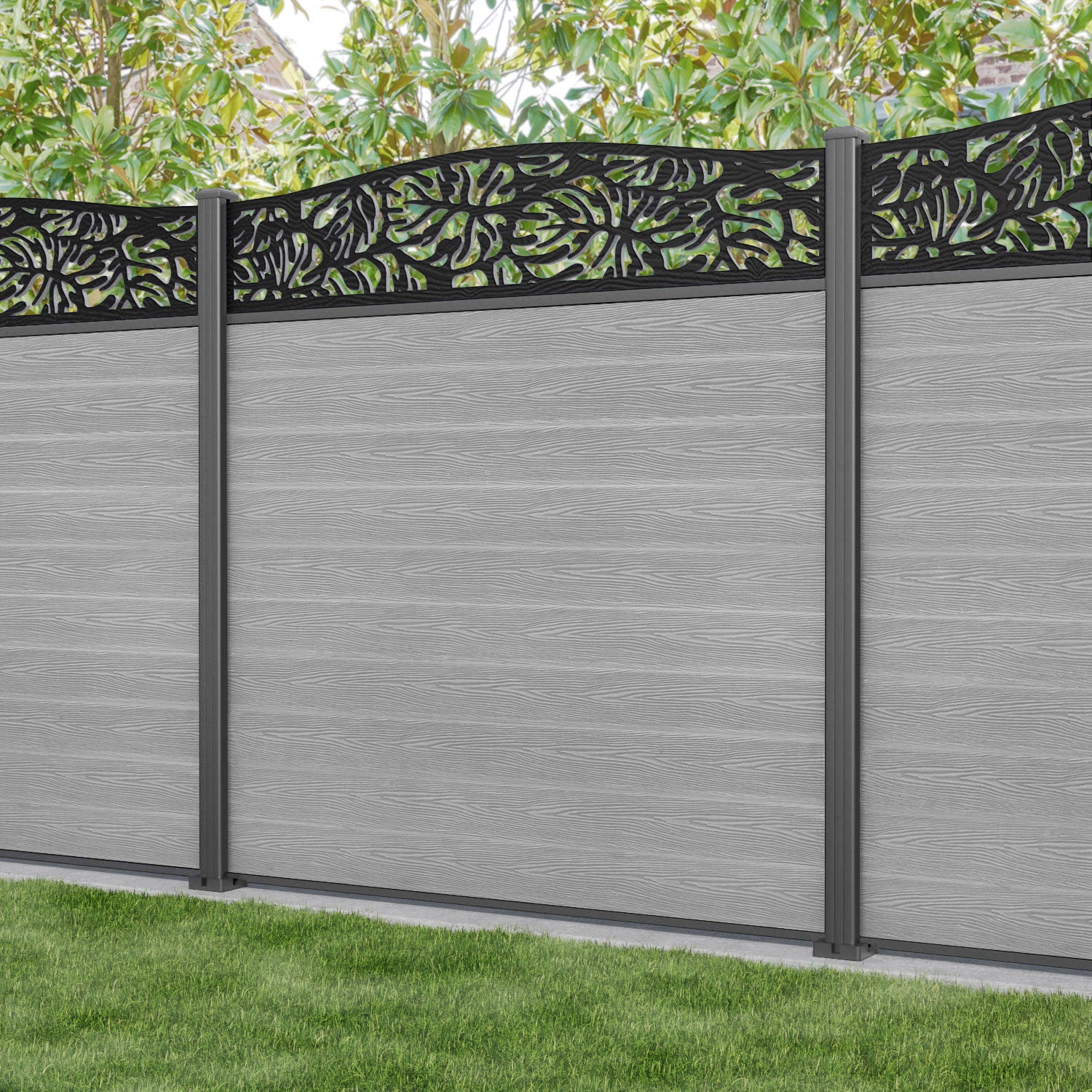 Classic Botanic Curved Top Fence Panel - Light Grey - with our aluminium posts