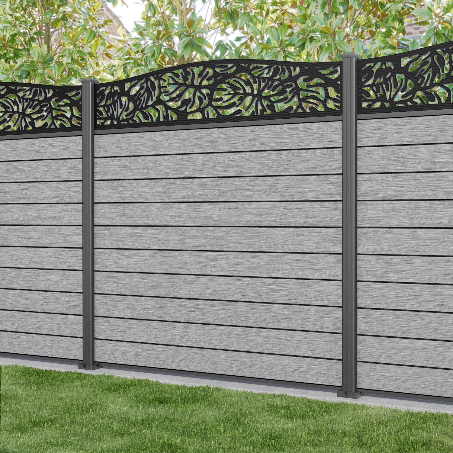 Fusion Botanic Curved Top Fence Panel - Light Grey - with our aluminium posts