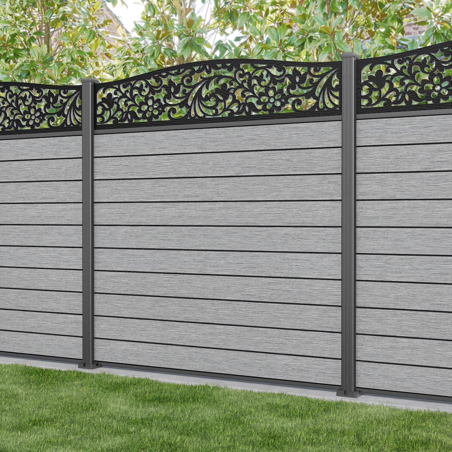 Fusion Eden Curved Top Fence Panel - Light Grey - with our aluminium posts