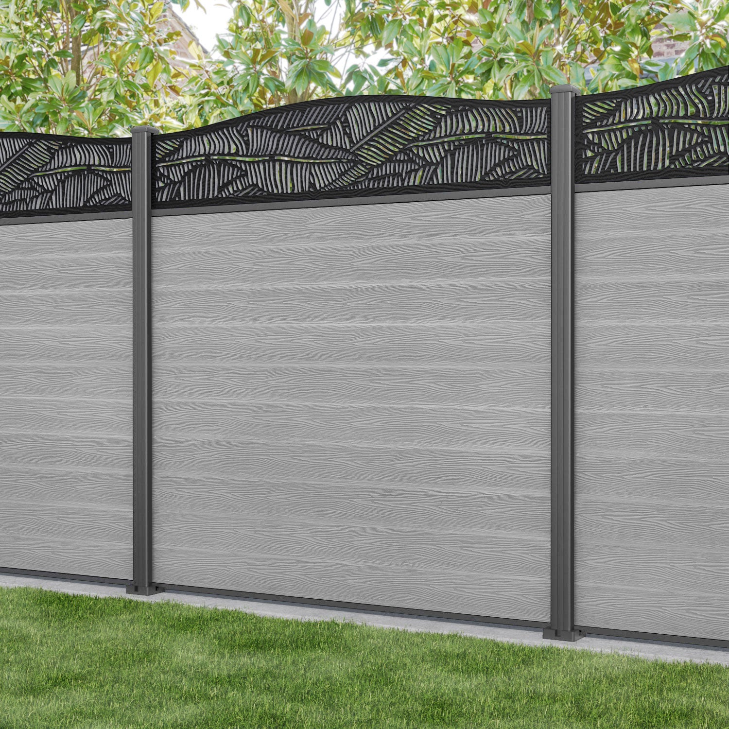 Classic Feather Curved Top Fence Panel - Light Grey - with our aluminium posts