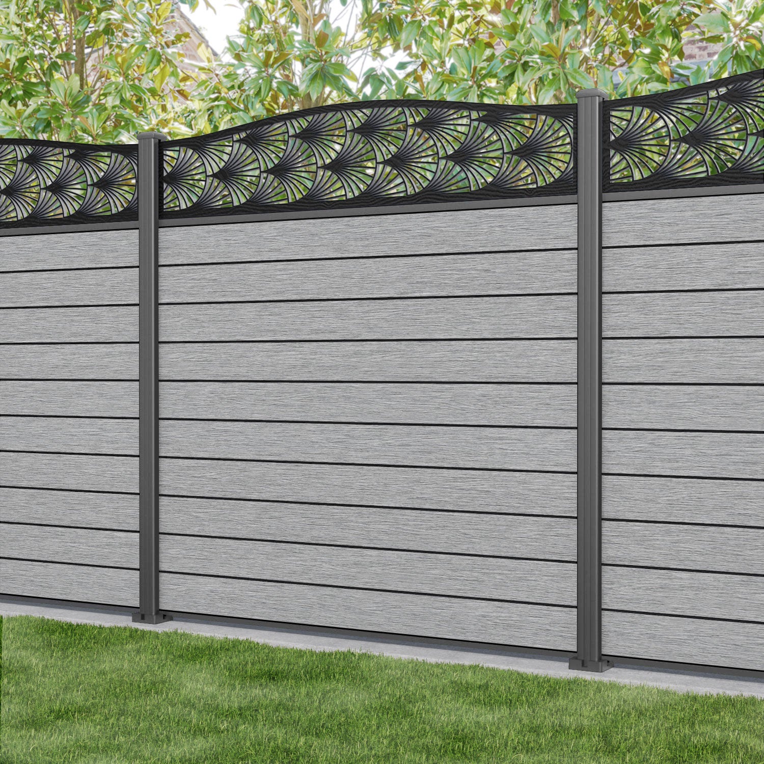 Fusion Laurel Curved Top Fence Panel - Light Grey - with our aluminium posts
