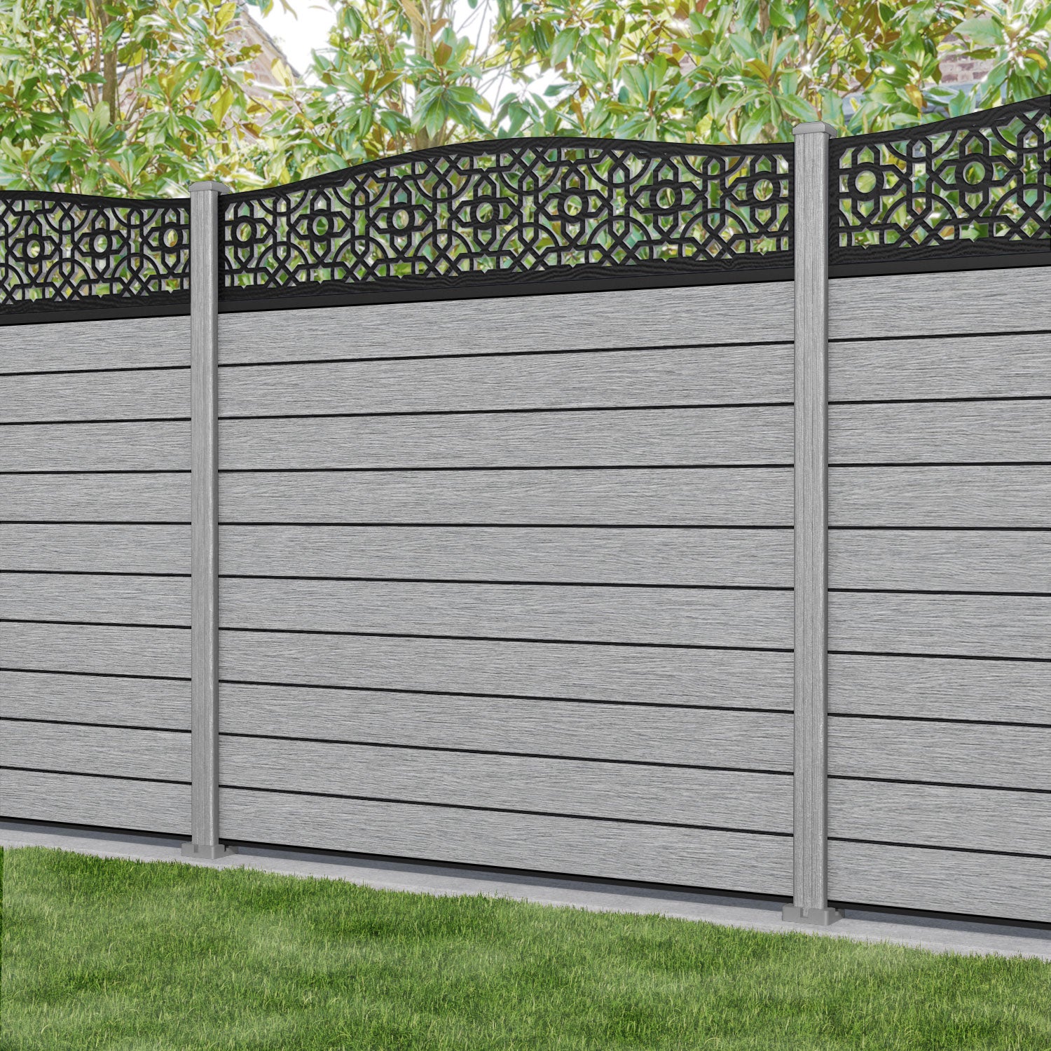 Fusion Nabila Curved Top Fence Panel - Light Grey - with our composite posts